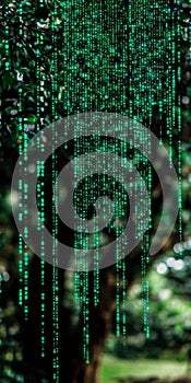 Abstract Green Matrix Code Particles Flowing Down, Digital Data Stream, Cyberspace Background.