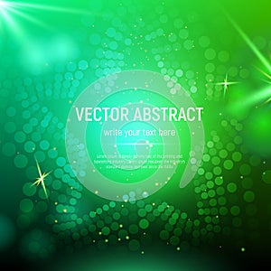 Abstract green mesh star background with circles, lens flares and glowing reflections. Vector illustration.