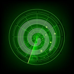 Abstract green radar with targets in action. Military search system