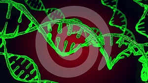 Abstract green red glittering DNA double helix with depth of field. Animation of DNA construction from debrises. Science