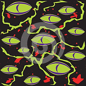 Abstract green scary monster eyes on a black background with blood and lightning pattern