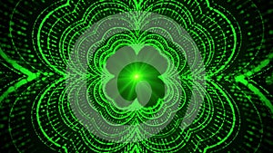 Abstract Green Shiny Four Leafed Clover Shape Glitter Sparkle Lines Saint Patrick`s Day Tunnel Motion View With Light Beam