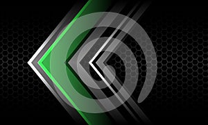 Abstract green silver arrow direction on grey hexagon mesh black design modern luxury futuristic technology vector background