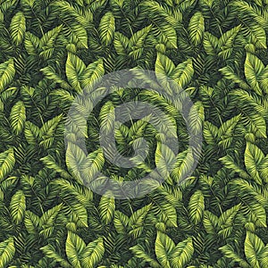 Abstract Green Tropical Leaves Seamless Pattern for Fabric or Textile Texture Print. Trendy Watercolor Style Generative AI art.