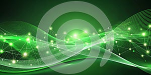Abstract green wave network background with glowing nodes. Generative AI