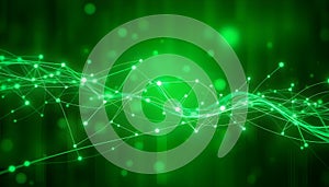 Abstract green wave pattern with glowing dots representing connectivity and technology at night