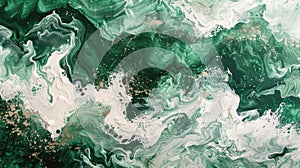 Abstract green and white acrylic pour painting with gold glitter