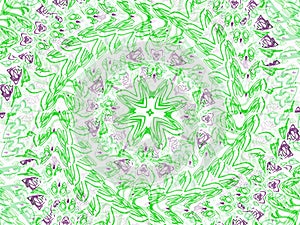 Abstract green wreath and tiny drawn purple flowers on a white background