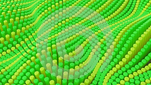 Abstract green yellow lines background with cylinders. Ceramic round tiles. Geometry pattern. Random cells. Polygonal glossy