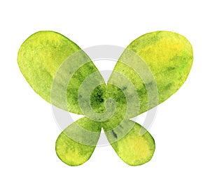 Abstract green, yellow watercolor butterfly on white background