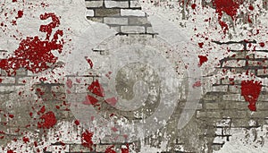 Abstract grey brick wall with red bloody stains. Rough cracked cement material or stone. Old vintage scratches, stain