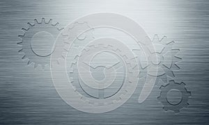 Abstract grey polished metal plate with stamped gear icons