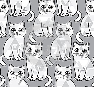 Abstract greyscale funny cats. Vector seamless pattern.