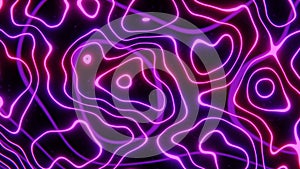 Abstract groovy distorted hoops illustration. Purple and pink curves and waves in dark space