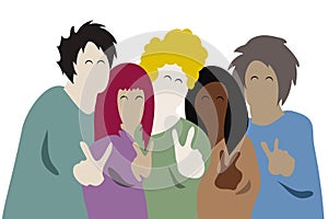 Abstract group of happy human characters smiling and showing victory sign with hands.