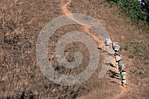 Abstract Groups of Porter or Sherpas while carrying the baggage of trekking up to the top of Doi Monjong the mountain in