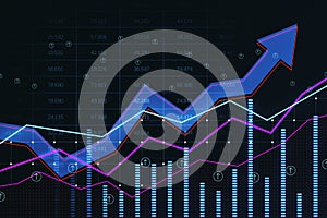 Abstract growing business arrow and chart on background with index. FInancial data, trade and market concept. 3D Rendering
