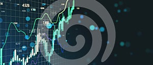 Abstract growing forex chart on blurry wide background with bokeh circles. Financial investment and economy concept. 3D