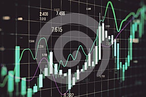 Abstract growing forex chart on dark backdrop. Financial investment and economy concept. 3D Rendering