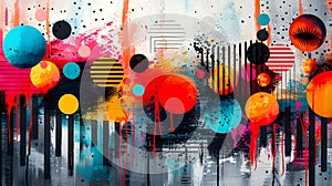 Abstract grunge background with colorful circles and stripes. Art collage