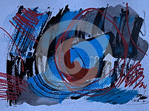 Hand-drawn frame abstract circles on canvas. paint black and blue strokes on background. photo