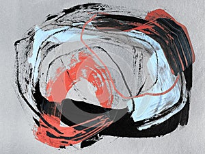 Hand-drawn frame abstract circles on canvas. paint black and red strokes on background. photo