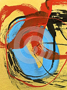 Hand-drawn frame abstract circles on canvas. paint strokes on background. black and red photo