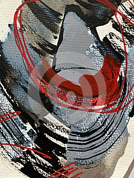 Hand-drawn frame abstract circles on canvas. paint black and red strokes on background. photo