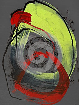 Hand-drawn frame abstract circles on canvas. paint strokes on background. black and red photo