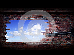 Abstract grunge brick wall, sky and hammer