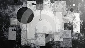 Abstract grunge collage poster. Different textures like paper, fabric, paint create distressed effect. Geometric shapes, text photo