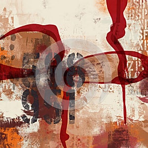 Abstract grunge collage with typo elements and red and brown accents