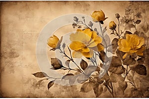 Abstract grunge floral background with yellow roses on old paper texture