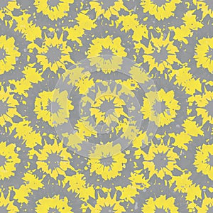 Abstract grunge flowers seamless vector pattern background. Yellow grey geometric backdrop painterly naive florals