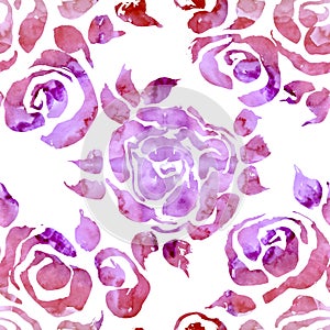 Abstract grunge ink flower background. Roses pink brush seamless pattern. Watercolor illustration.