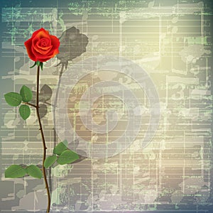 Abstract grunge music background with red rose