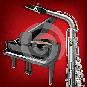 Abstract grunge music background with saxophone and grand piano