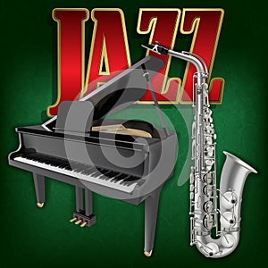 Abstract grunge music background with saxophone and grand piano