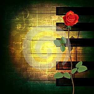 Abstract grunge piano background with red rose