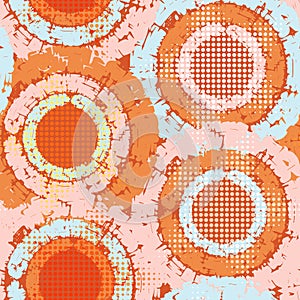 Abstract grunge seamless chaotic pattern with wheels, blots, drops and circular splashes. Trendy colorful texture background.