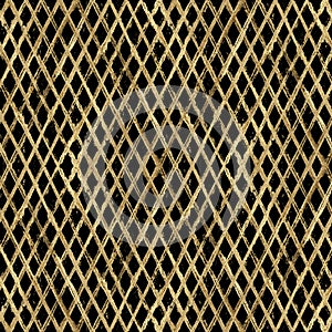Abstract grunge seamless pattern with golden glittering acrylic paint diagonal stripes on black background