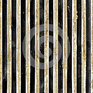 Abstract grunge seamless pattern with golden glittering acrylic paint stripes on black and white striped background