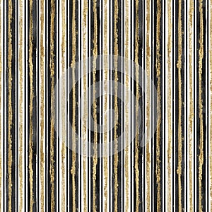 Abstract grunge seamless pattern with golden glittering acrylic paint stripes on black and white striped background