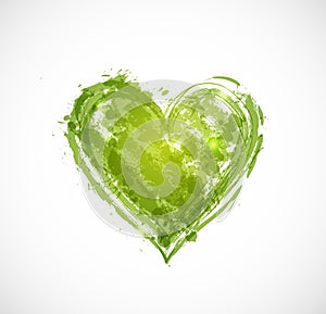 Abstract grunge splash of greenery - color of the year. Grunge heart. Vector illustration.