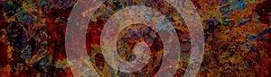 Abstract grunge texture pattern on old painted background, colorful gold, black, red, blue, purple, and yellow distressed circle p