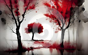 Abstract grunge tree with red and black paint splashes on white background