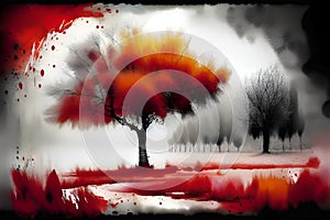 Abstract grunge tree with red and black paint splashes on white background