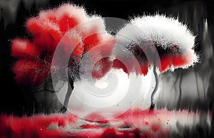 Abstract grunge tree with red and black paint splashes on white background