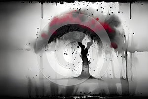 Abstract grunge tree with red and black paint splashes on white background