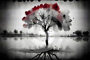 Abstract grunge tree with red and black paint splashes on white background